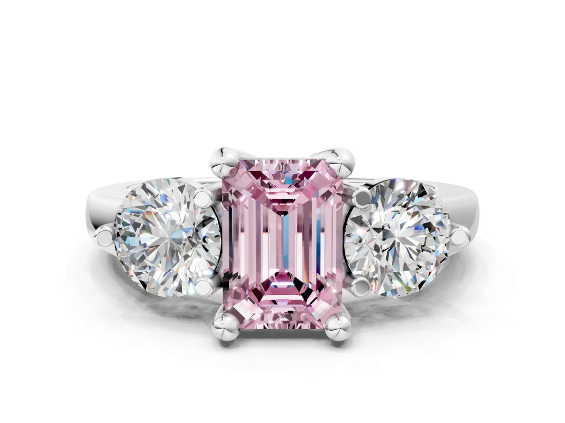 Silver Three-Stone Fancy Pink Emerald  Brilliant Cut Solitaire Ring with Prong Setting on a Classic Band 1