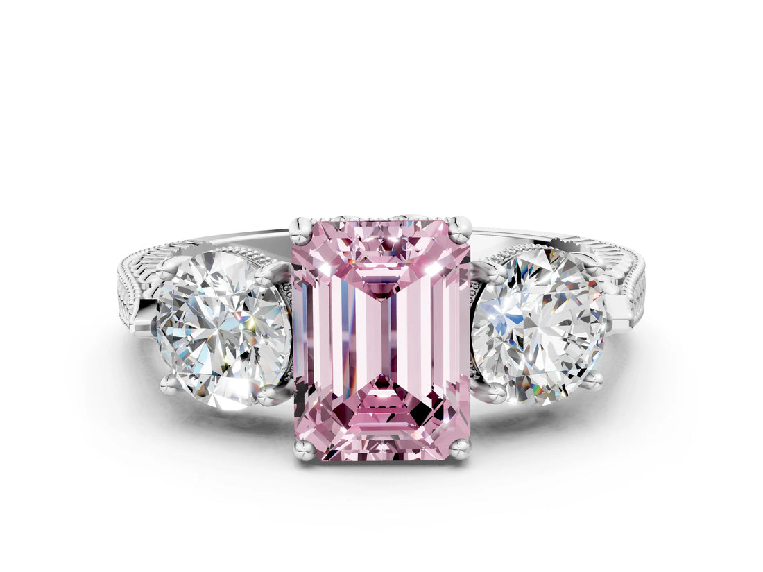 Silver Three-Stone Fancy Pink Emerald Cut Cut Milgrain Band Prong Setting Ring_6