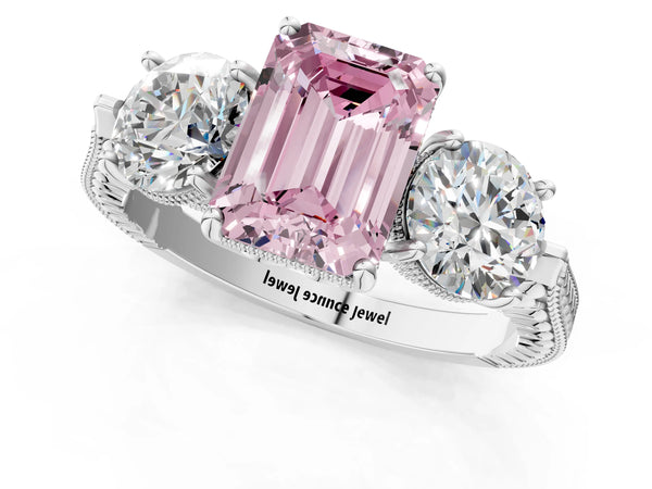 Sterling Silver Emerald Cut Vintage Three Stone Engagement Ring Setting for Fancy Pink Center