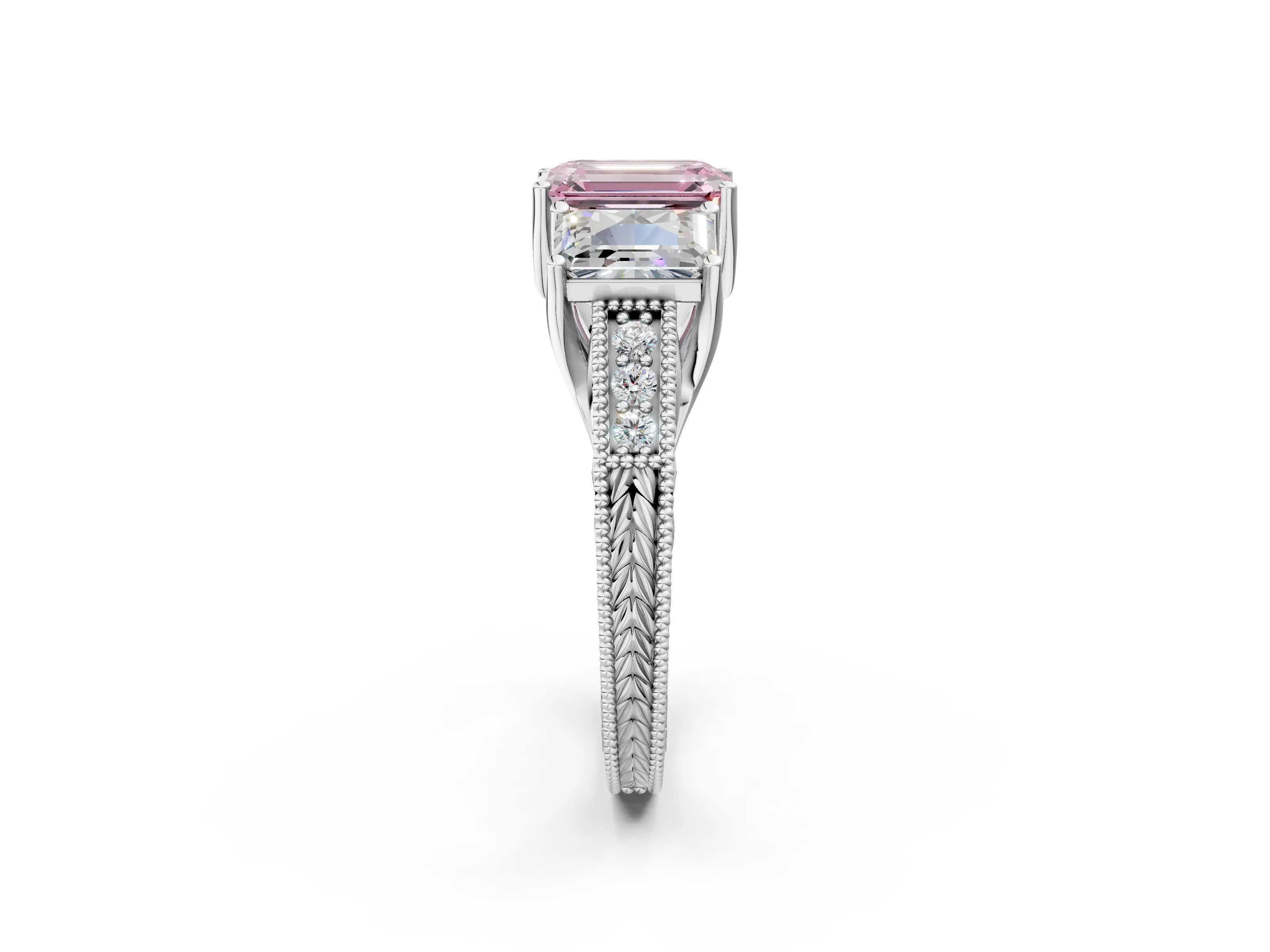 Silver Three-Stone Fancy Pink Emerald Cut Cut Milgrain Pavé Engagement Ring_62