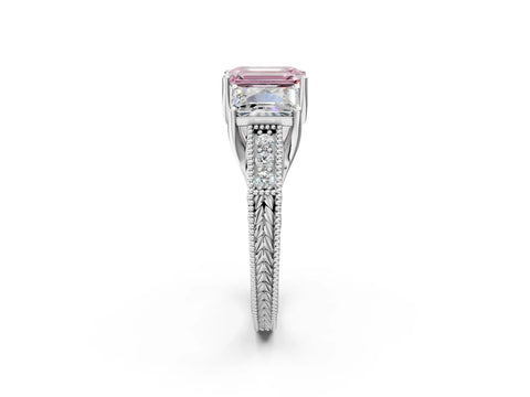 Silver Three-Stone Fancy Pink Emerald Cut Cut Milgrain Pavé Engagement Ring_62