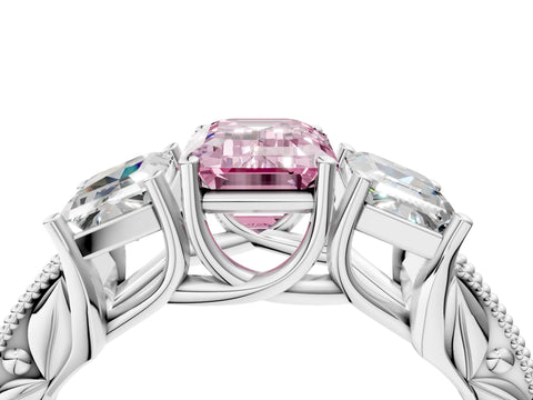 Silver Three-Stone Fancy Pink Emerald Cut Cut Milgrain Pavé Engagement Ring_64