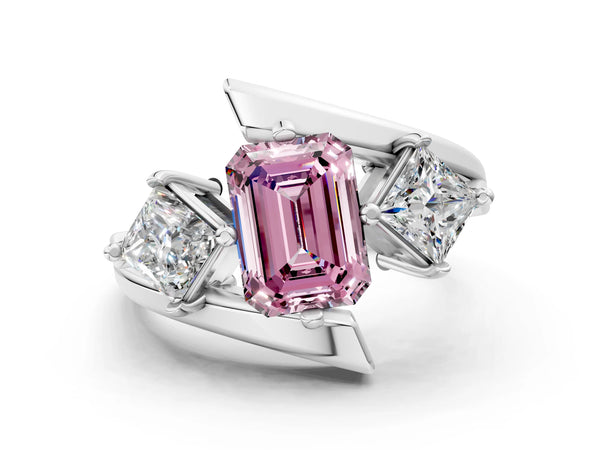Silver Three-Stone Fancy Pink Emerald Cut Cut Tension Band Ring with Four-Prong Setting