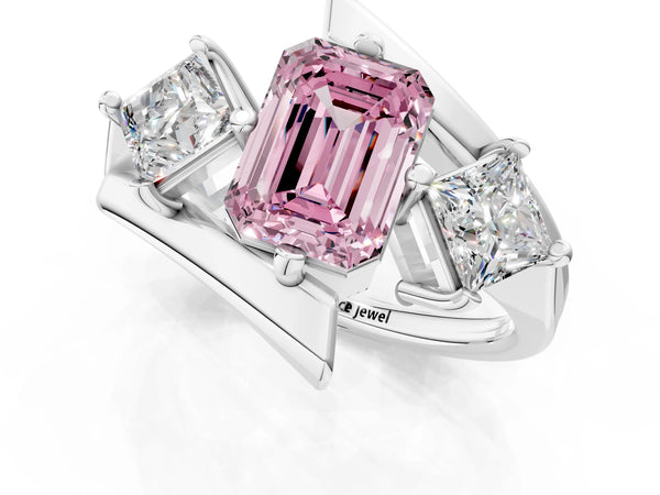 Silver Three-Stone Fancy Pink Emerald Cut Cut Tension Band Ring with Four-Prong Setting