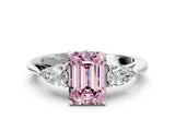 Silver Three-Stone Fancy Pink Emerald Cut Diamond Ring with Pear  Side Stones in Four-Prong Setting_12