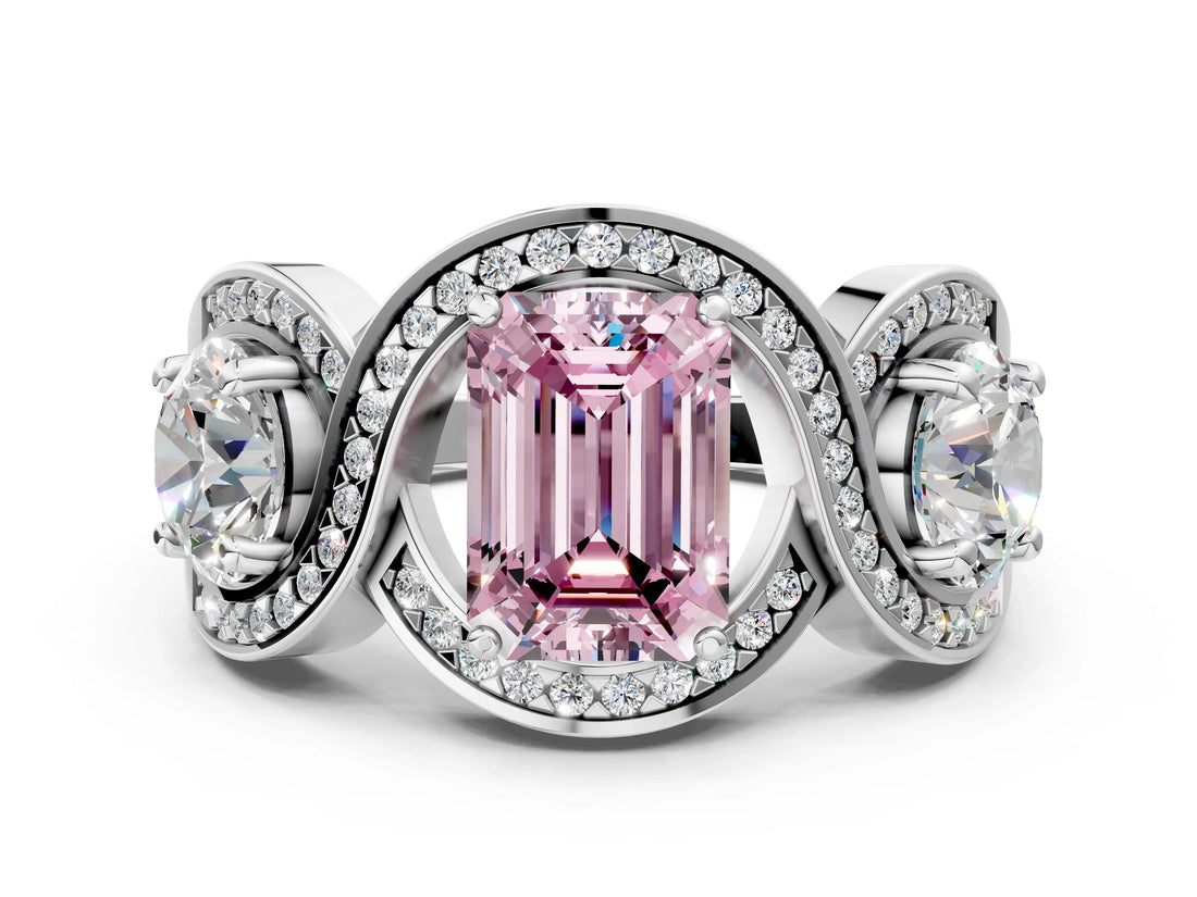 Silver Three-Stone Fancy Pink Emerald Cut Diamond Wave Pave Band with Prong Setting_6