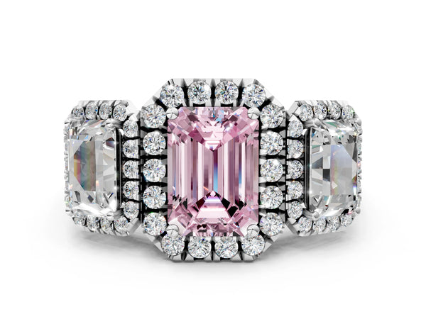 Silver Three-Stone Fancy Pink Emerald Cut Halo Diamond Ring with Pave Band and Four-Prong Setting
