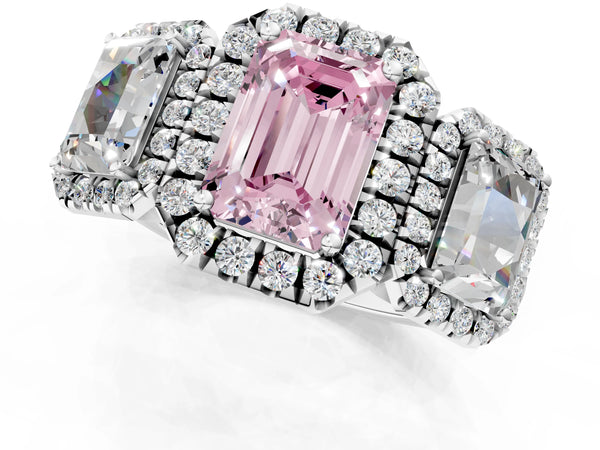 Silver Three-Stone Fancy Pink Emerald Cut Halo Diamond Ring with Pave Band and Four-Prong Setting