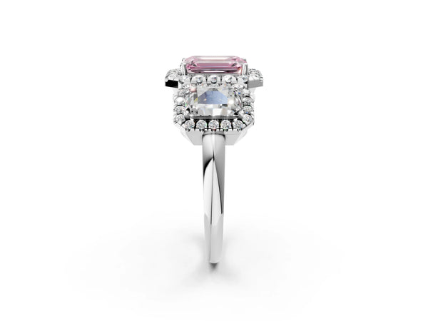 Silver Three-Stone Fancy Pink Emerald Cut Halo Diamond Ring with Pave Band and Four-Prong Setting