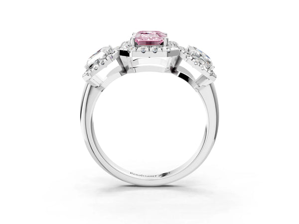 Silver Three-Stone Fancy Pink Emerald Cut Halo Diamond Ring with Pave Band and Four-Prong Setting