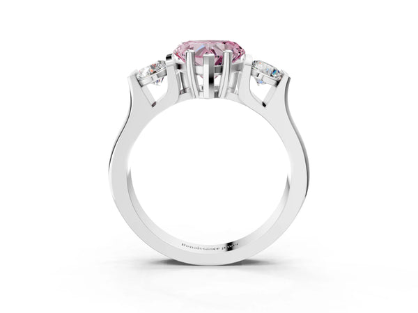 Silver Three-Stone Fancy Pink Heart Cut Classic Band Prong Setting Ring