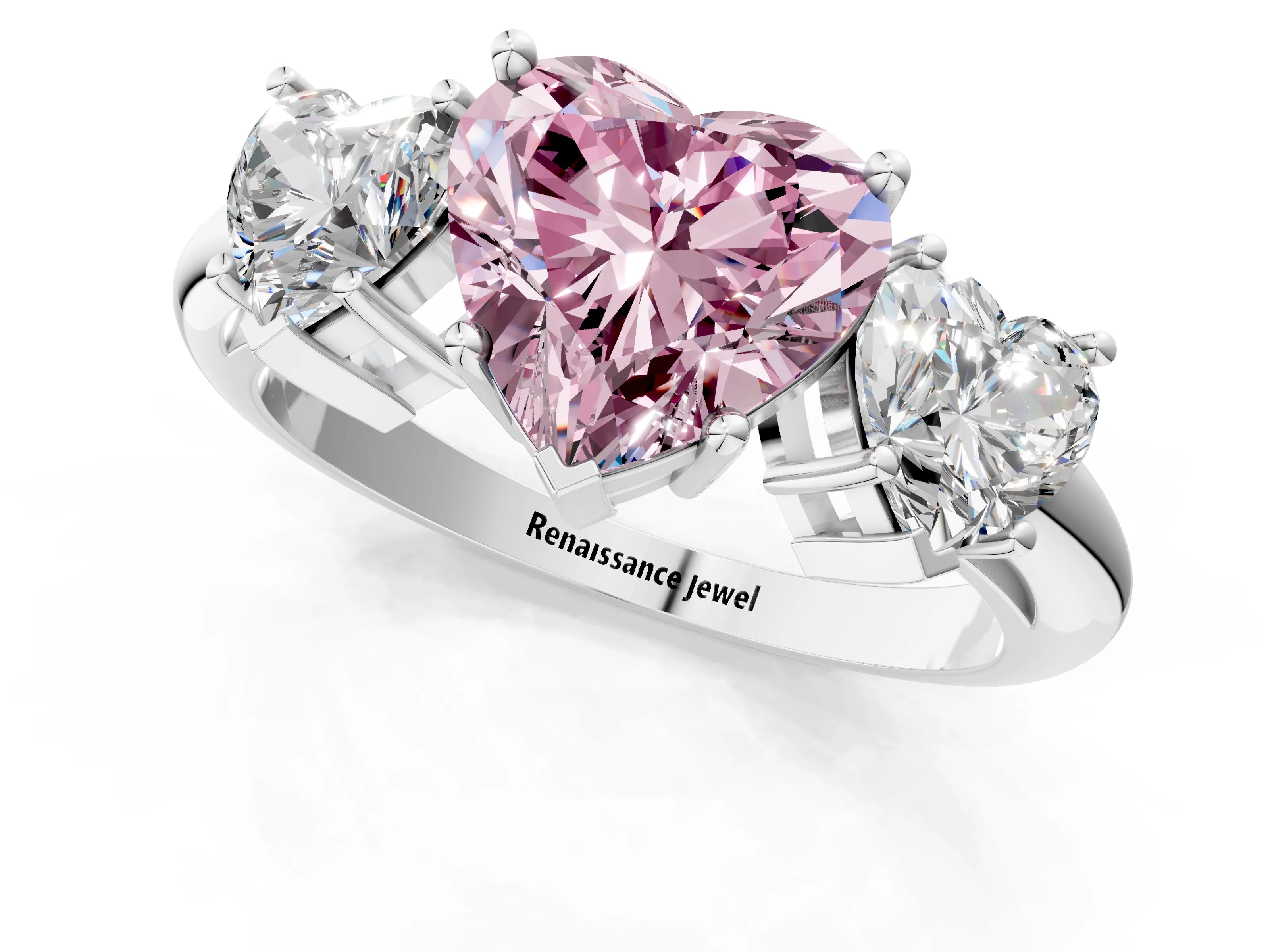 Silver Three-Stone Fancy Pink Heart Cut Cut Diamond Engagement Ring with Prong Setting on a White Gold Band_49