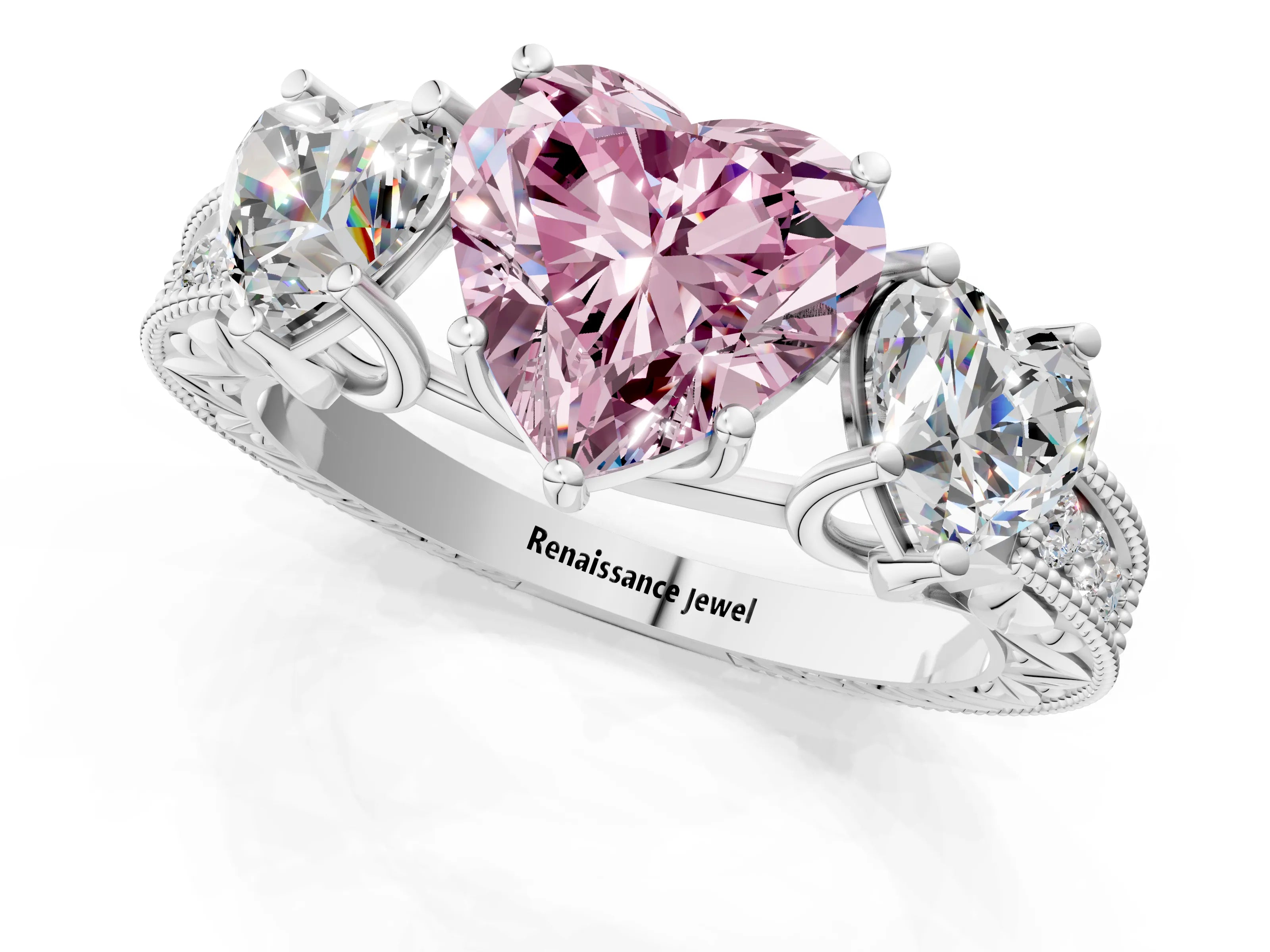 Silver Three-Stone Fancy Pink Heart Cut Cut Milgrain Pavé Engagement Ring_19
