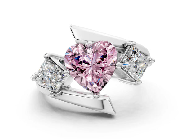Silver Three-Stone Fancy Pink Heart Cut Cut Tension Band Ring with Four-Prong Setting