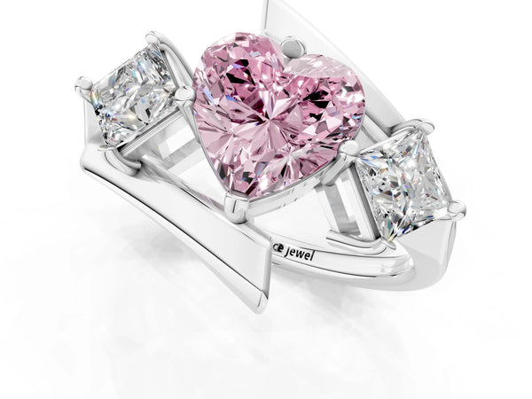 Silver Three-Stone Fancy Pink Heart Cut Cut Tension Band Ring with Four-Prong Setting