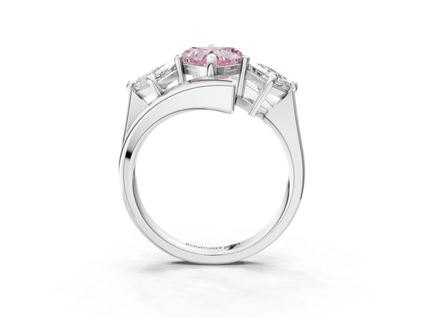 Silver Three-Stone Fancy Pink Heart Cut Cut Tension Band Ring with Four-Prong Setting