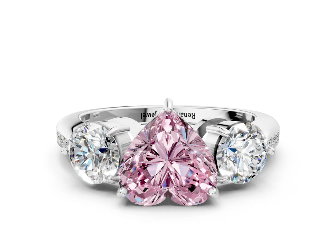 Silver Three-Stone Fancy Pink Heart Cut Diamond Channel Set Engagement Ring with Prong Setting_14