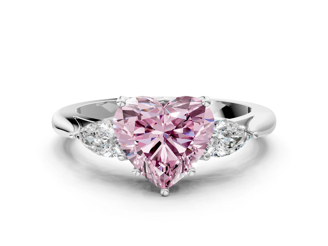 Silver Three-Stone Fancy Pink Heart Cut Diamond Ring with Pear  Side Stones in Four-Prong Setting_12