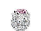 Silver Three-Stone Fancy Pink Heart Cut Halo Diamond Milgrain Band with Four-Prong Setting_11