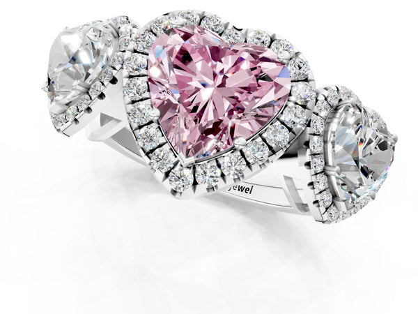 Silver Three-Stone Fancy Pink Heart Cut Halo Diamond Ring with Pave Band and Four-Prong Setting