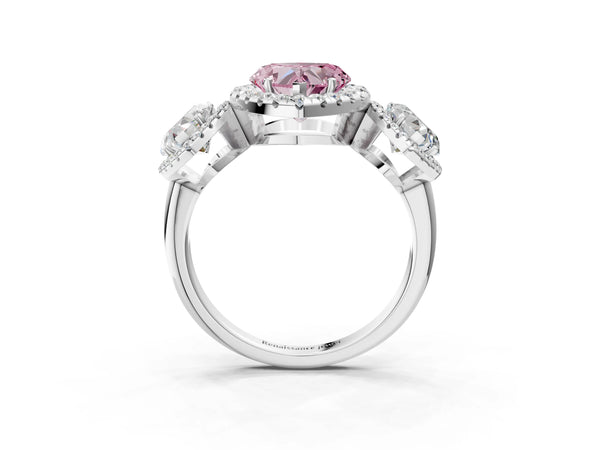 Silver Three-Stone Fancy Pink Heart Cut Halo Diamond Ring with Pave Band and Four-Prong Setting