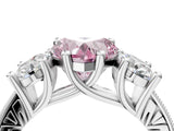 Silver Three-Stone Fancy Pink Heart  Diamond Milgrain Pave Band with Prong Setting 4