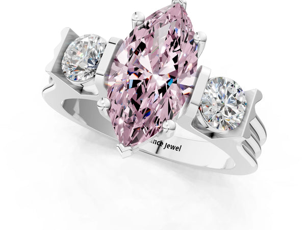 Silver Three-Stone Fancy Pink Marquise Cut Classic Band Prong Setting Ring