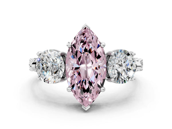Sterling Silver Marquise Vintage Three Stone Engagement Ring Setting for Fancy Pink Center
