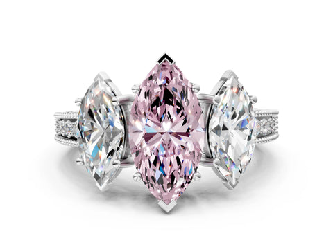 Silver Three-Stone Fancy Pink Marquise Cut Cut Milgrain Pavé Engagement Ring_30