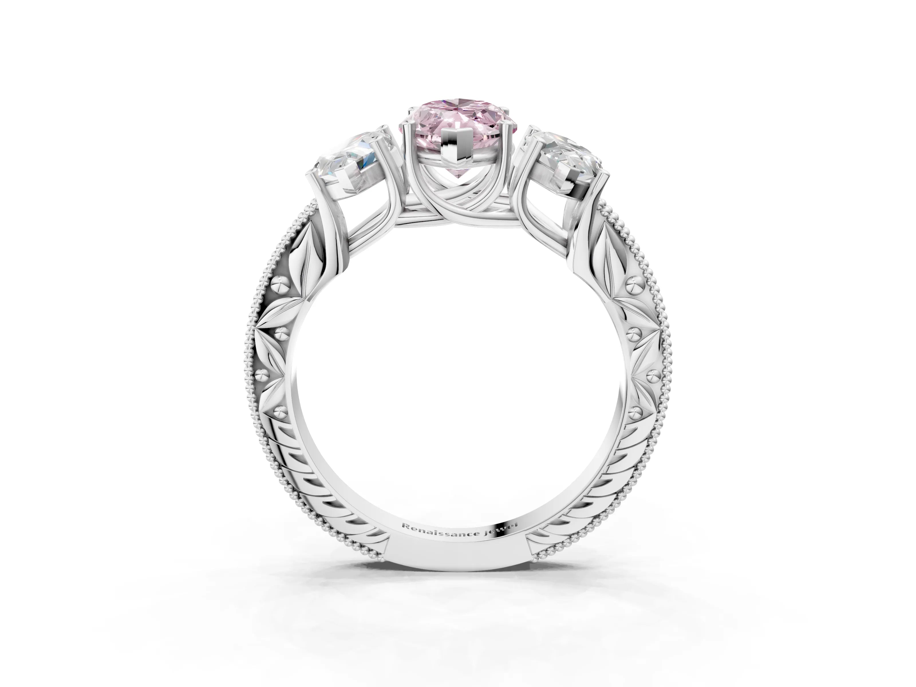 Silver Three-Stone Fancy Pink Marquise Cut Cut Milgrain Pavé Engagement Ring_33
