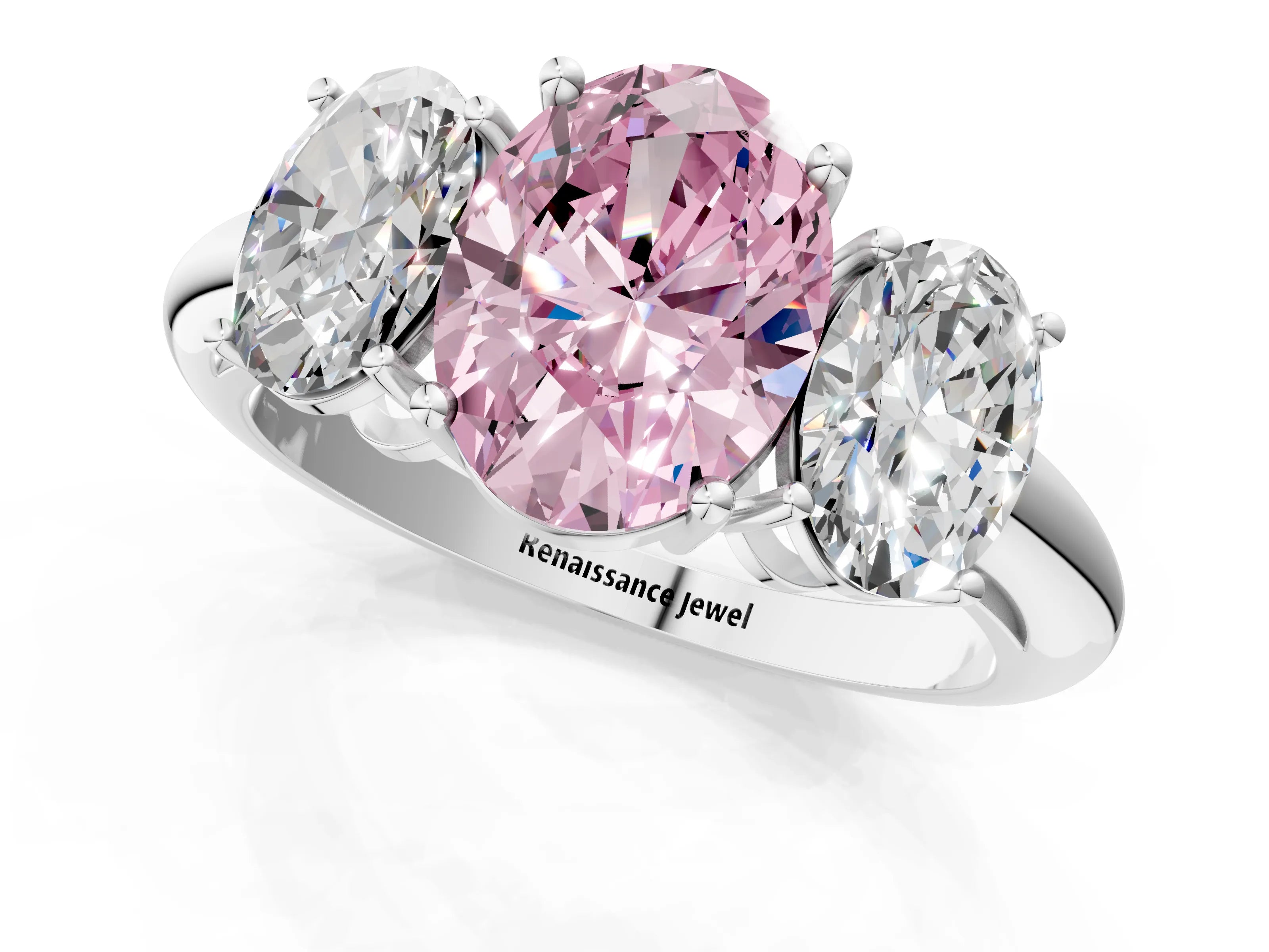 Silver Three-Stone Fancy Pink Oval Cut Cut Diamond Engagement Ring with Prong Setting on a White Gold Band_43
