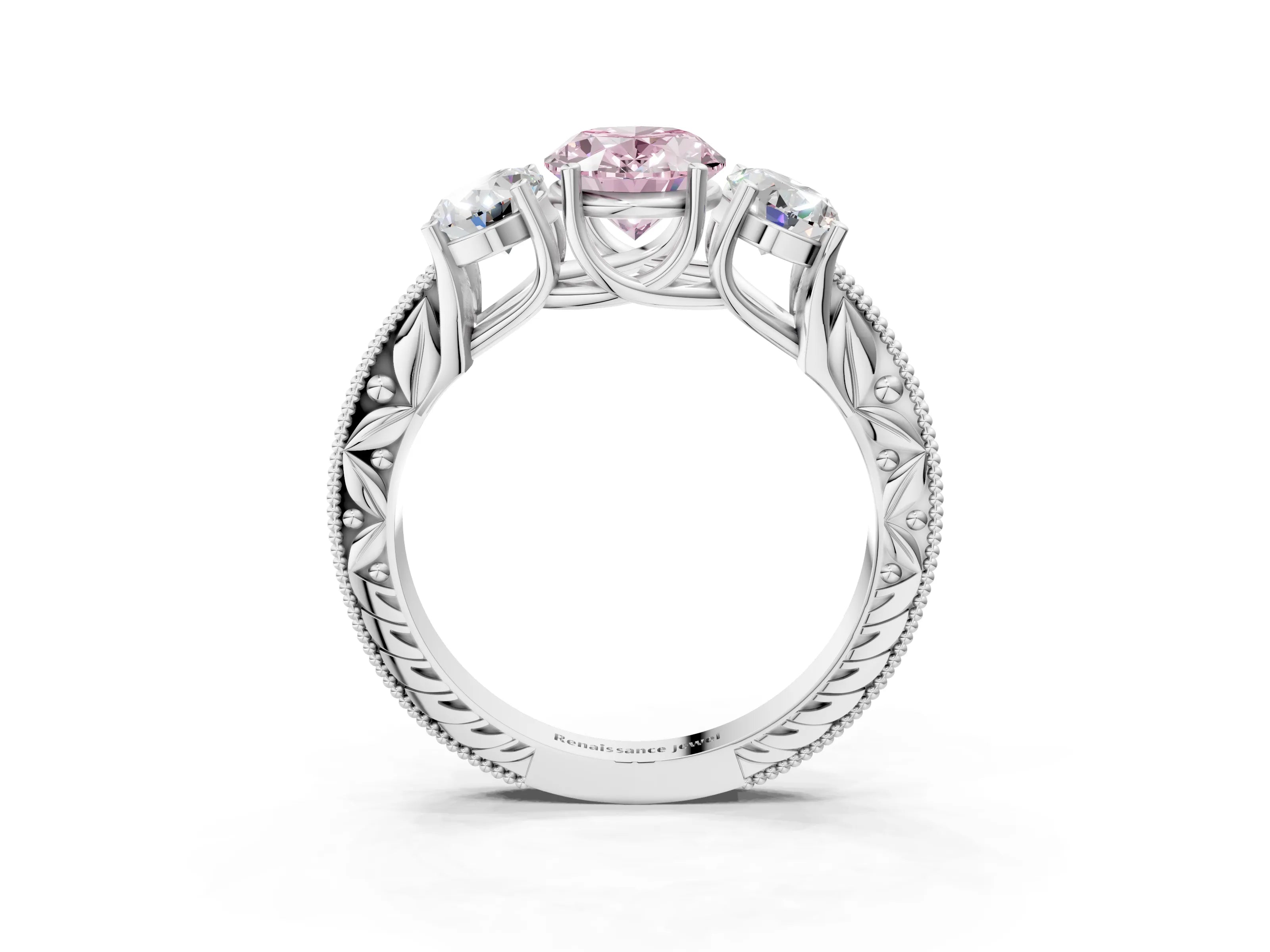 Silver Three-Stone Fancy Pink Oval Cut Cut Milgrain Pavé Engagement Ring_21