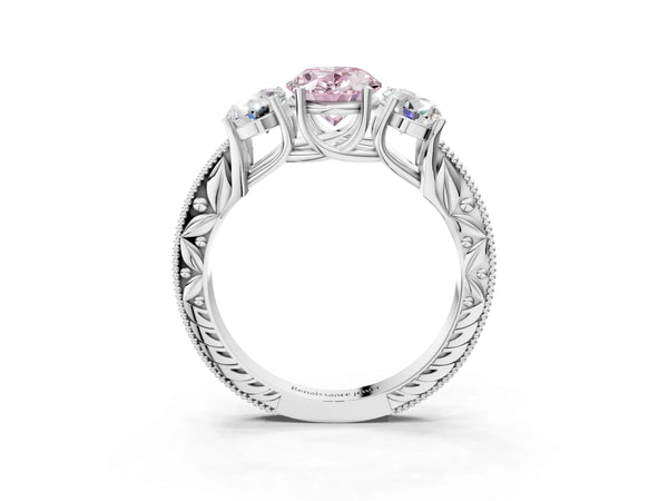 Sterling Silver Oval Engraved Three Stone Engagement Ring Setting for Fancy Pink Center