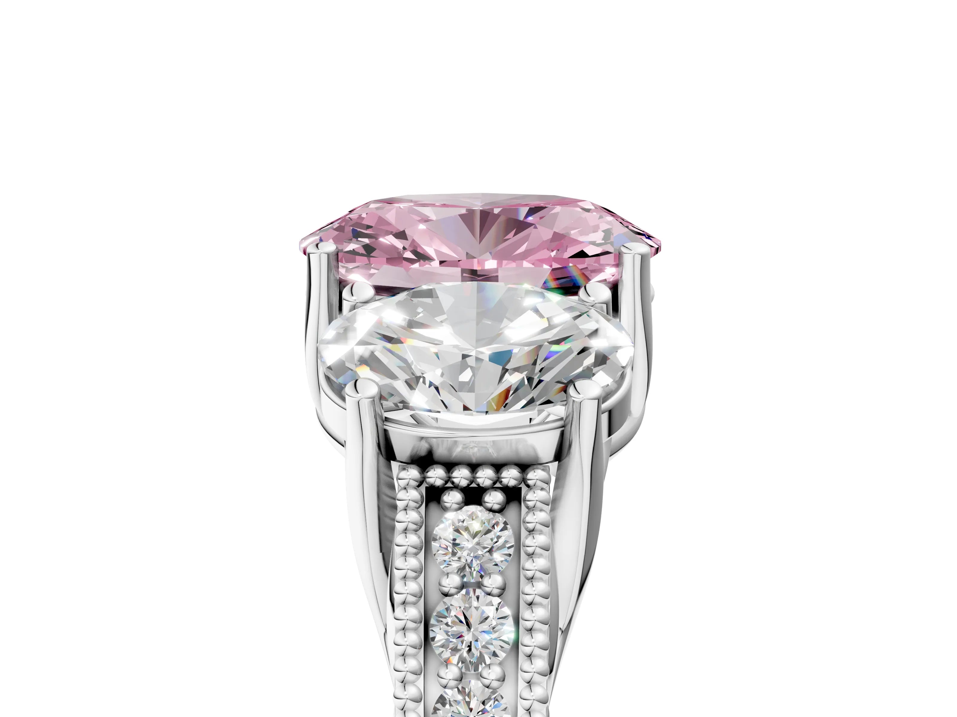Silver Three-Stone Fancy Pink Oval Cut Cut Milgrain Pavé Engagement Ring_23
