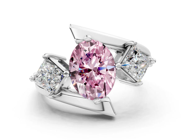 Silver Three-Stone Fancy Pink Oval Cut Cut Tension Band Ring with Four-Prong Setting