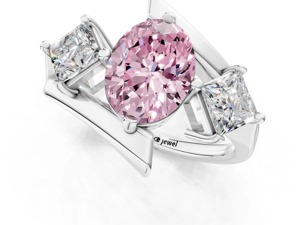 Silver Three-Stone Fancy Pink Oval Cut Cut Tension Band Ring with Four-Prong Setting