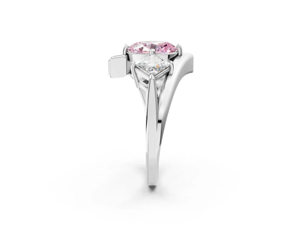 Silver Three-Stone Fancy Pink Oval Cut Cut Tension Band Ring with Four-Prong Setting