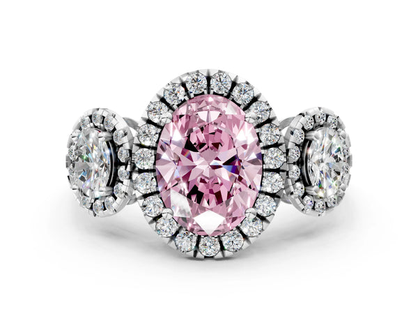 Silver Three-Stone Fancy Pink Oval Cut Halo Diamond Ring with Pave Band and Four-Prong Setting