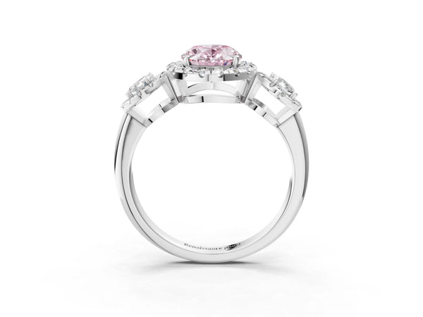 Silver Three-Stone Fancy Pink Oval Cut Halo Diamond Ring with Pave Band and Four-Prong Setting