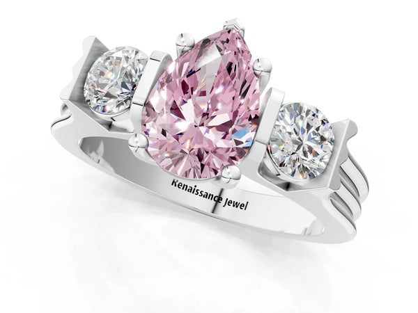 Silver Three-Stone Fancy Pink Pear Cut Classic Band Prong Setting Ring