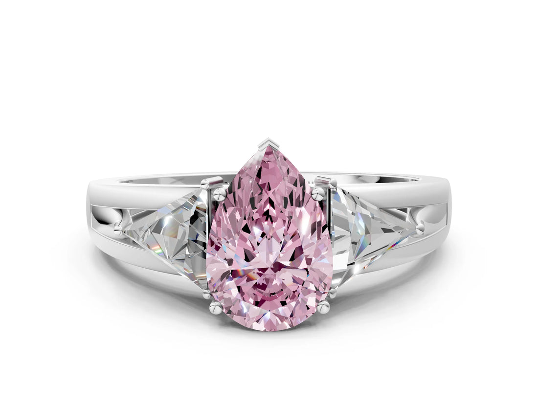 Silver Three-Stone Fancy Pink Pear Cut Cut Diamond Ring with Trillion Side Stones on a Split Shank Band_6