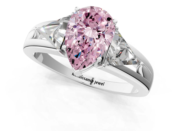 Sterling Silver Pear-Shaped Split Shank Three Stone Engagement Ring Setting for Fancy Pink Center