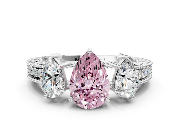 Sterling Silver Pear-Shaped Engraved Three Stone Engagement Ring Setting for Fancy Pink Center