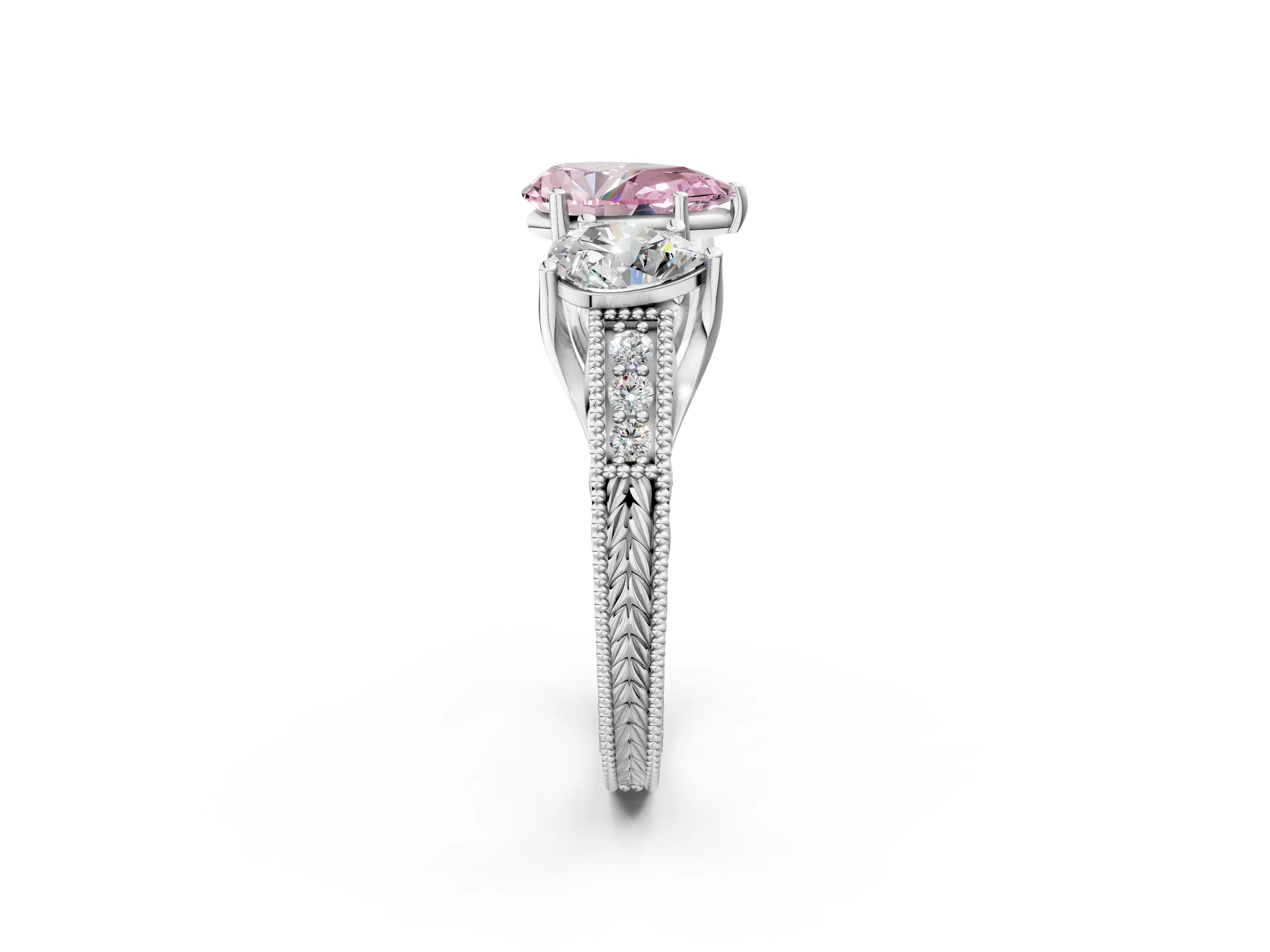 Silver Three-Stone Fancy Pink Pear Cut Cut Milgrain Pavé Engagement Ring_20