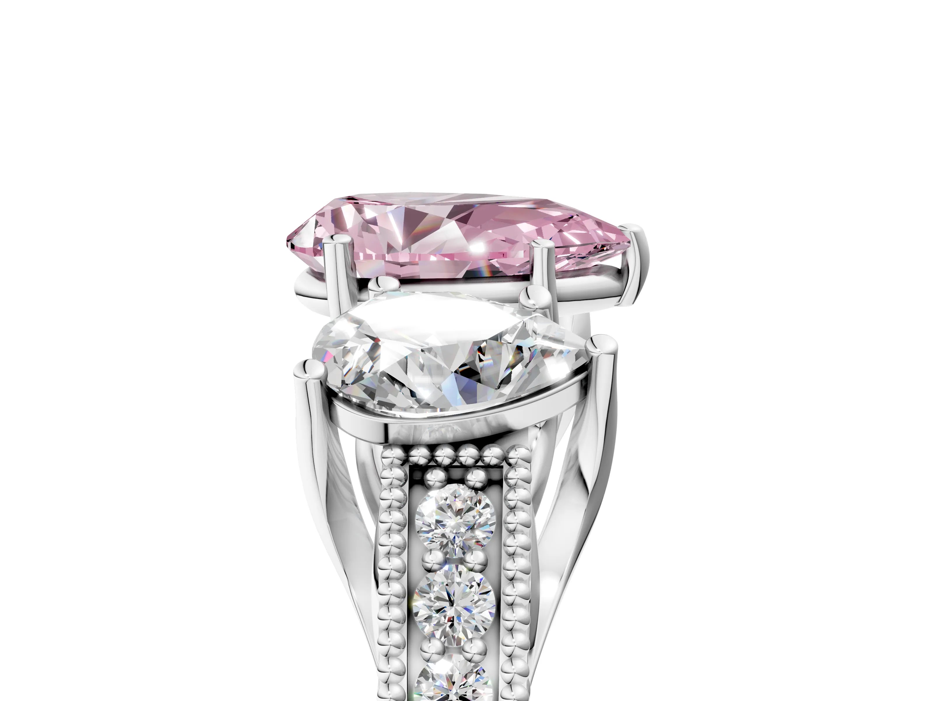 Silver Three-Stone Fancy Pink Pear Cut Cut Milgrain Pavé Engagement Ring_23