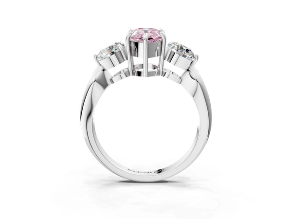 Sterling Silver Pear-Shaped Three Stone Engagement Ring Setting for Fancy Pink Center with Pave Band