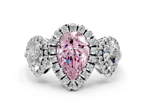 Silver Three-Stone Fancy Pink Pear Cut Halo Diamond Ring with Pave Band and Four-Prong Setting