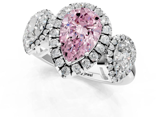 Silver Three-Stone Fancy Pink Pear Cut Halo Diamond Ring with Pave Band and Four-Prong Setting