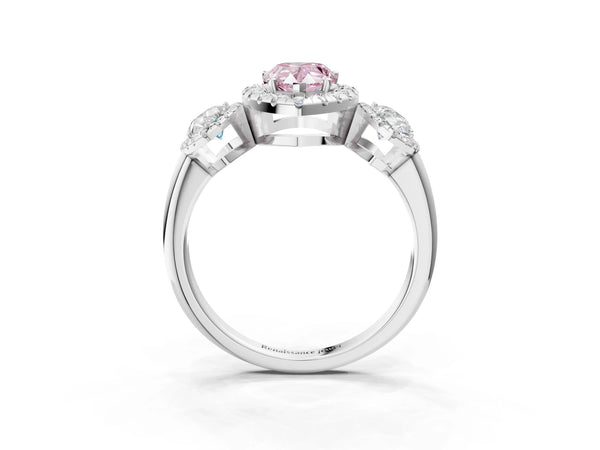 Silver Three-Stone Fancy Pink Pear Cut Halo Diamond Ring with Pave Band and Four-Prong Setting