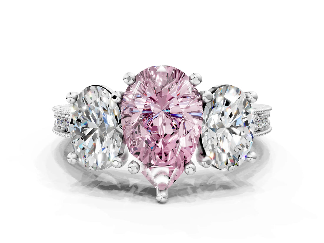Silver Three-Stone Fancy Pink Pear  Diamond Milgrain Pave Band with Prong Setting